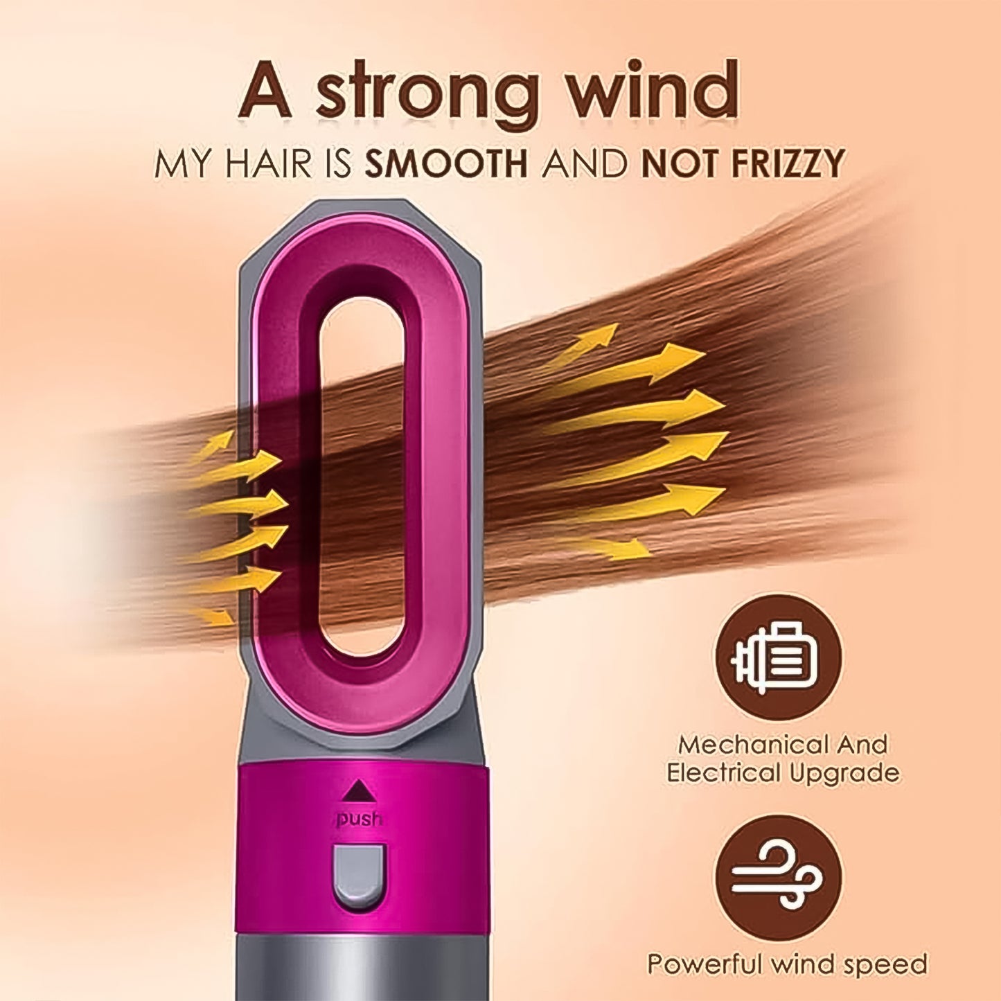 Wukusy 5-in-1 hair dryer brush and hot air styler with multifunctional hair styling tools, shown in use on hair.