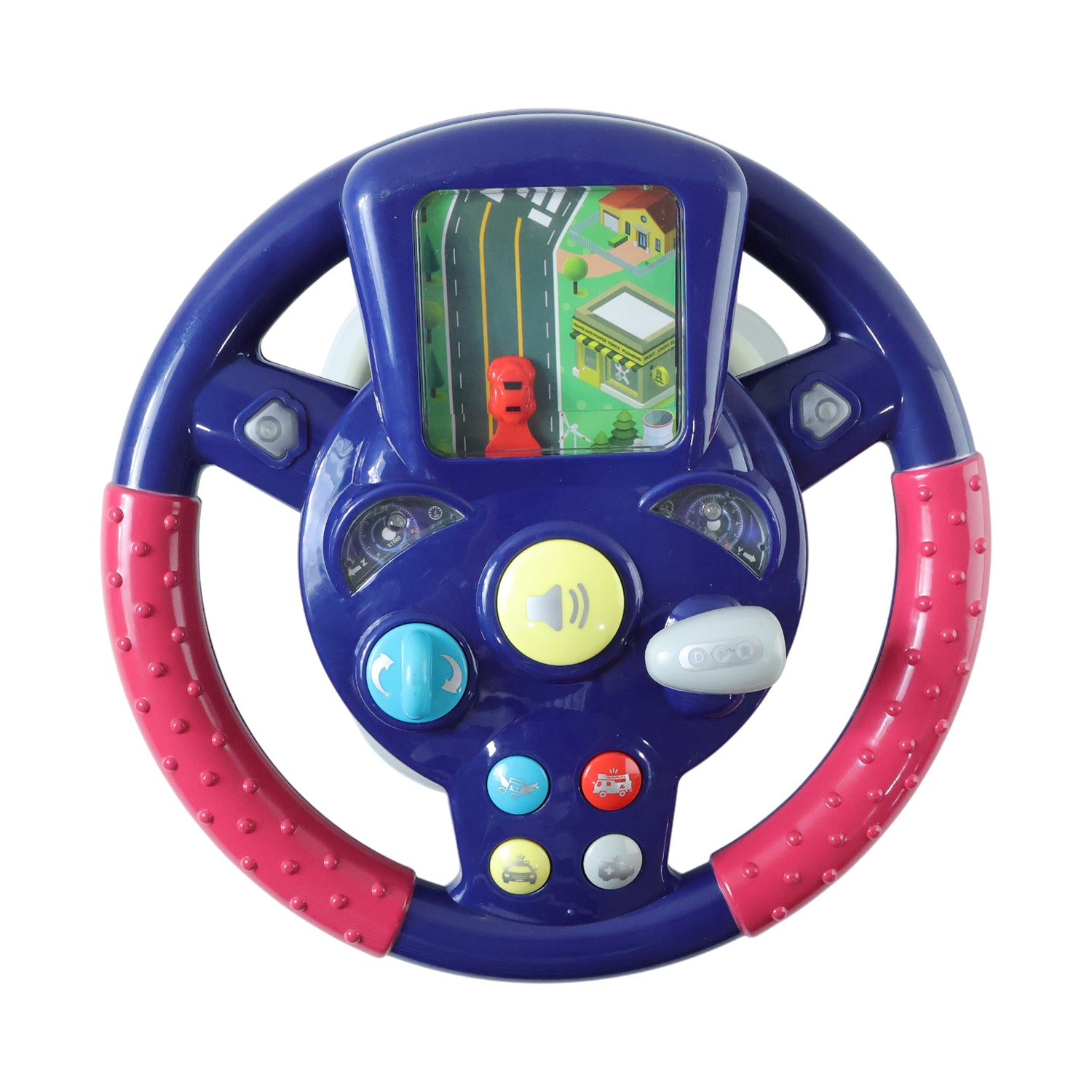 Wukusy musical steering wheel driving toy for kids, featuring colorful buttons and interactive play elements in a close-up view.