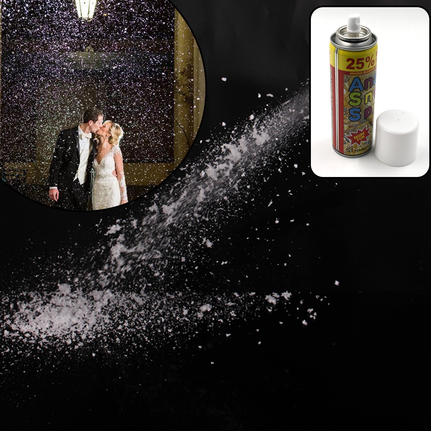Wukusy 8071 Party Snow Spray in a festive setting, used for fun at parties and events, showing the spray can and snowy effects.