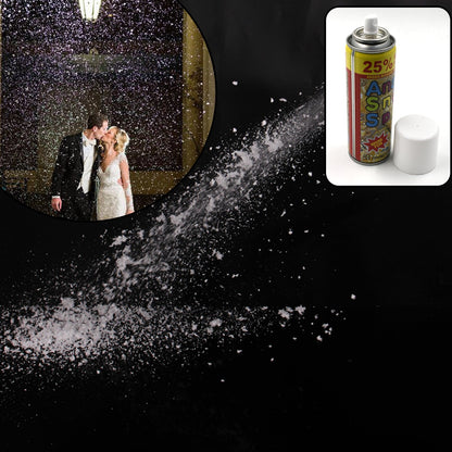 Wukusy 8071 Party Snow Spray in a festive setting, used for fun at parties and events, showing the spray can and snowy effects.