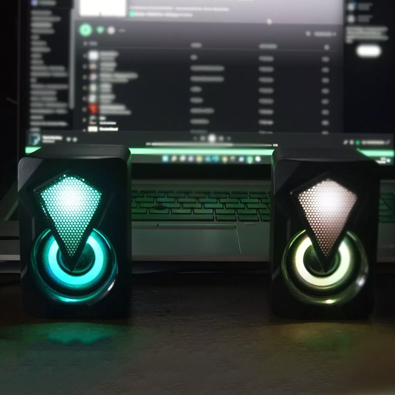 Wukusy RGB desktop speakers set with two plug-and-play USB-powered speakers for computer audio.