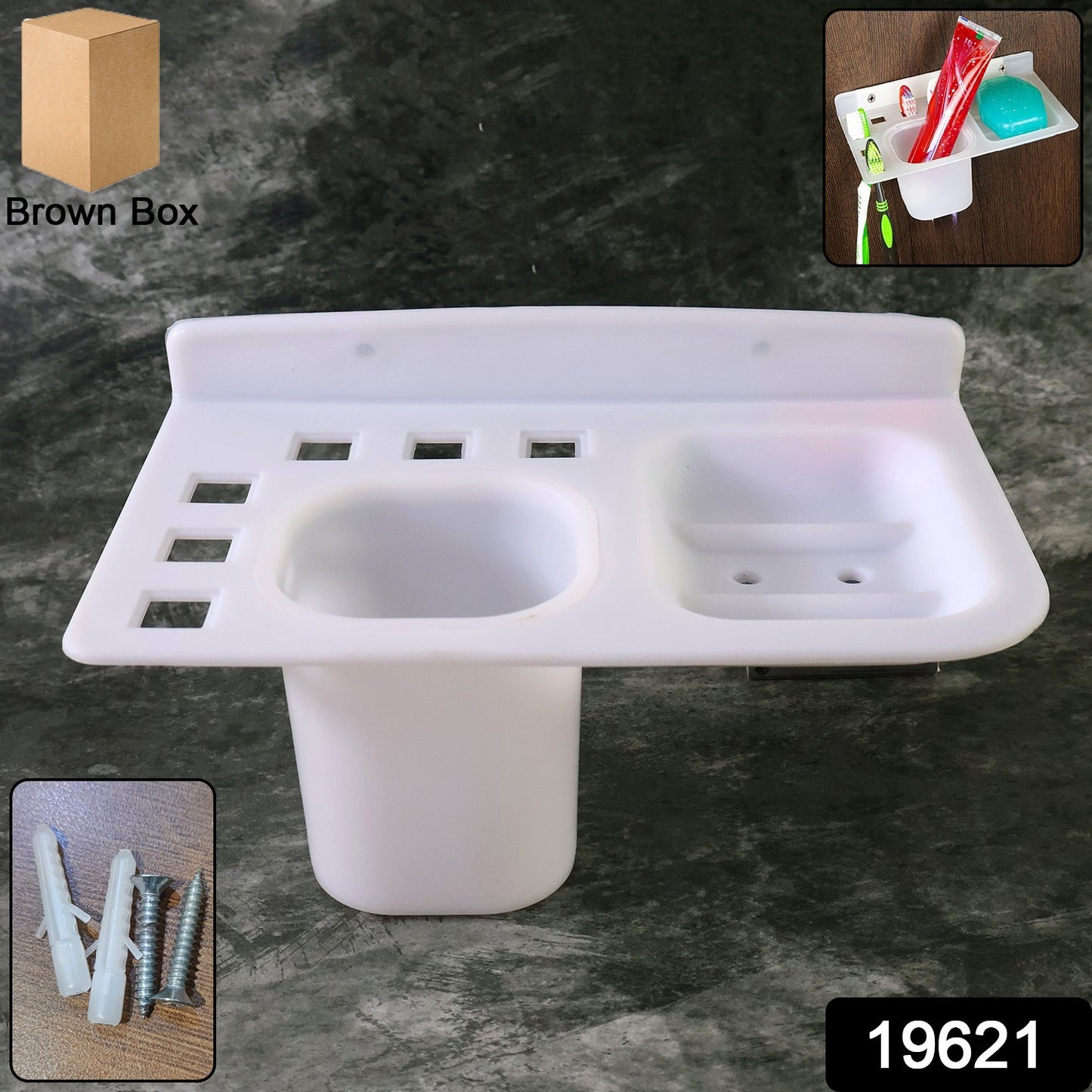Wukusy 3-in-1 wall-mounted toothbrush, soap holder, and cup for organized bathroom storage.