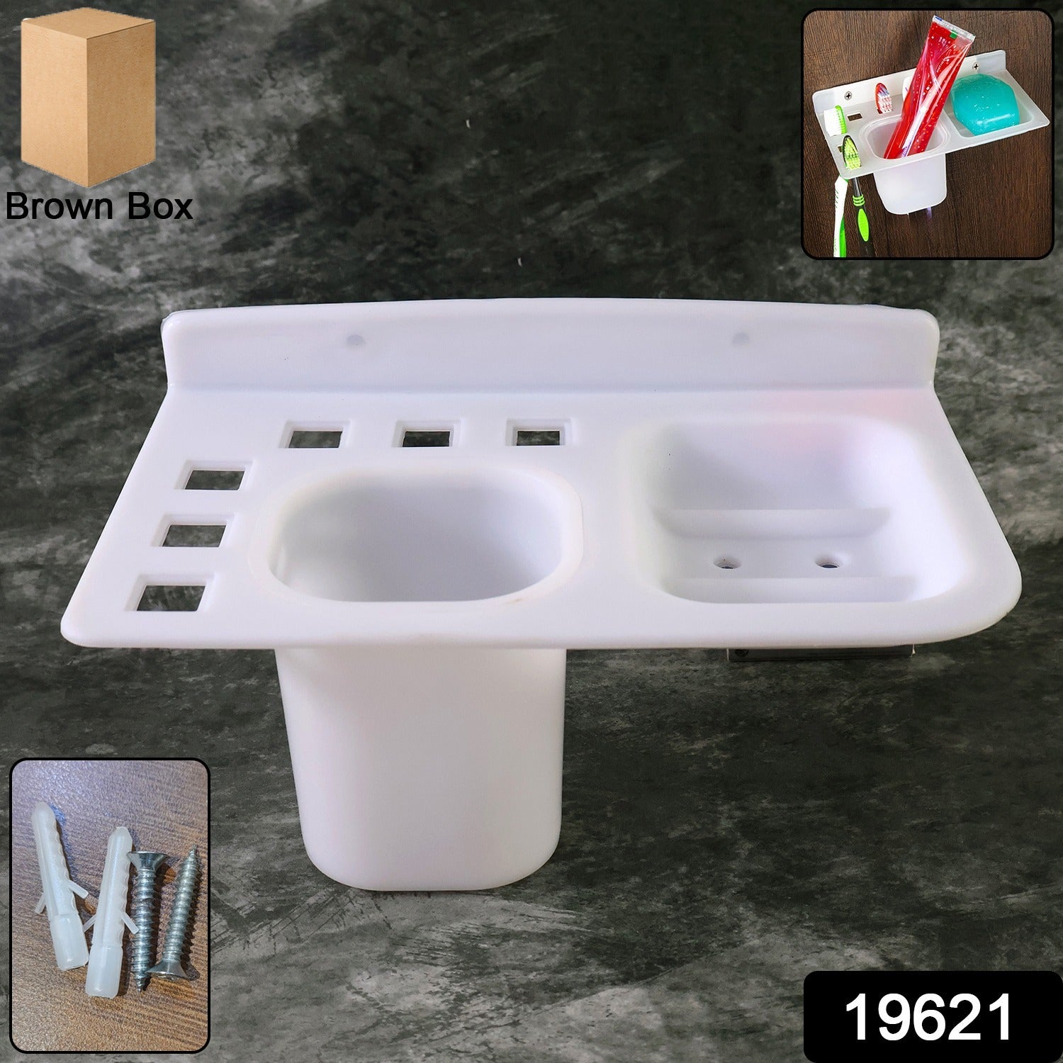 Wukusy 3-in-1 wall-mounted toothbrush, soap holder, and cup for organized bathroom storage.