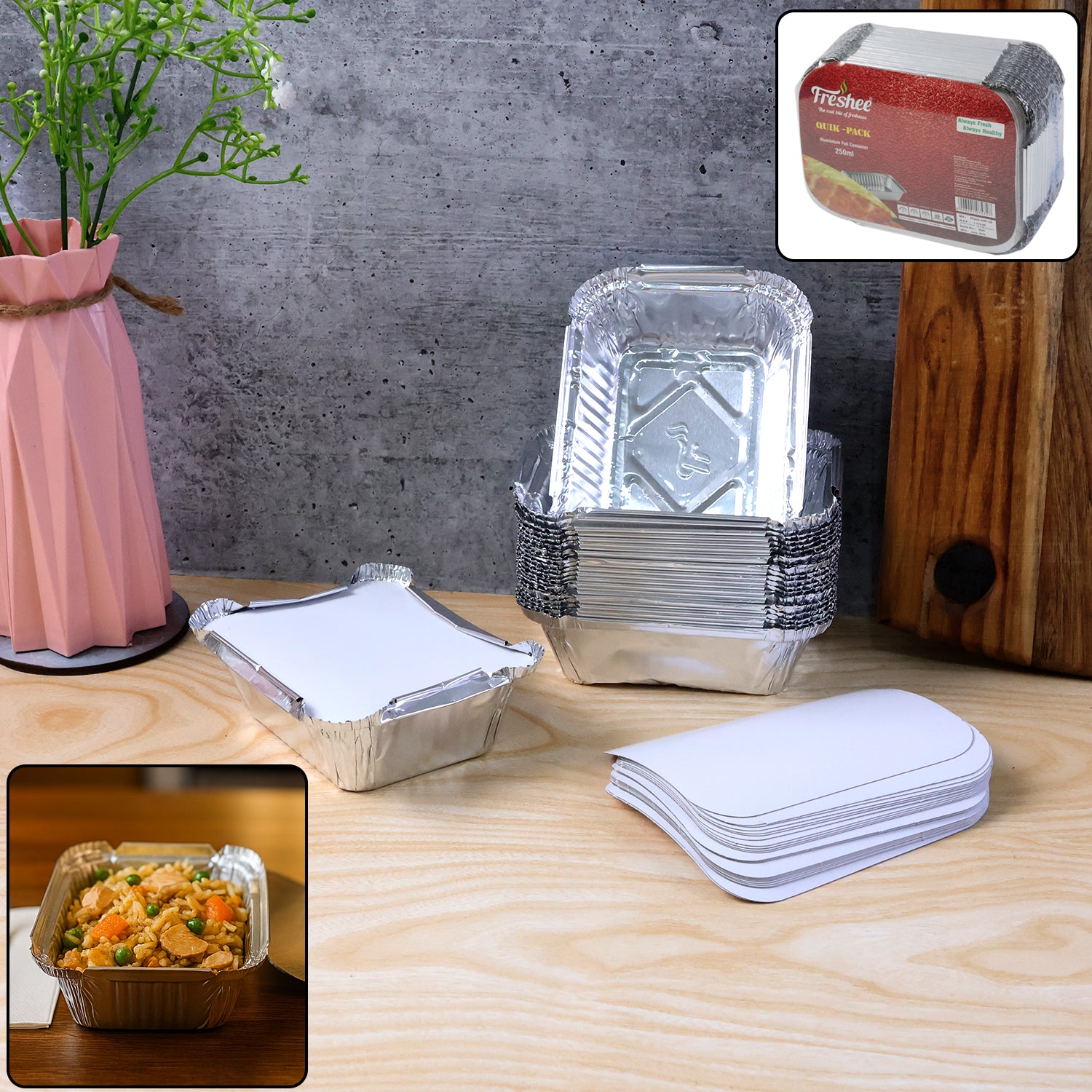 Pack of 25 Wukusy disposable aluminium food containers with lids, 250ml capacity, ideal for home and kitchen use.