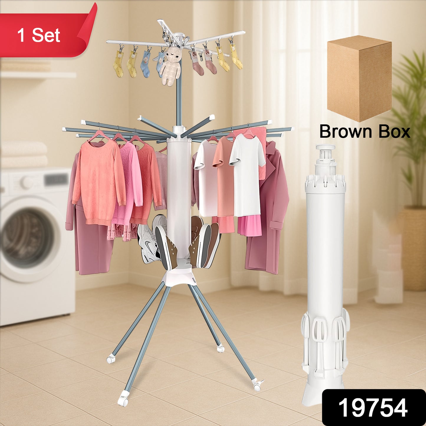 Foldable multi-layer clothes drying rack by Wukusy with multiple drying surfaces, suitable for home laundry spaces.