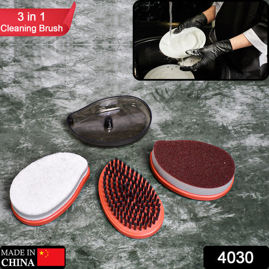 Set of three multicolor Wukusy plastic wet and dry brushes for home cleaning, featuring ergonomic handles and versatile bristles.