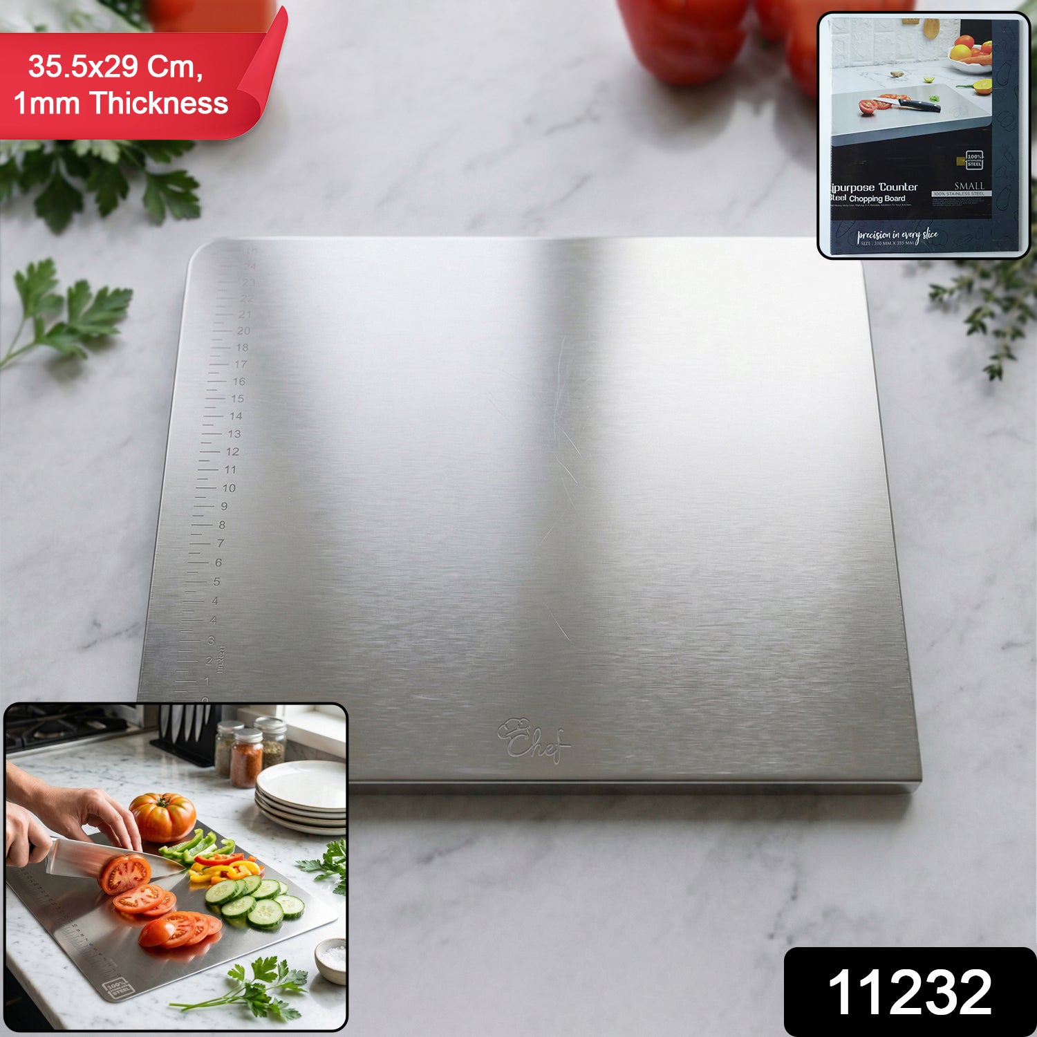 Wukusy stainless steel chopping board, 35.5x29 cm, 1mm thick, suitable for food prep and kitchen use.