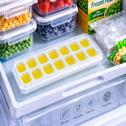 Wukusy 14-cavity ice cube tray with lid, easy-release silicone mold for making ice cubes in fridge freezer.