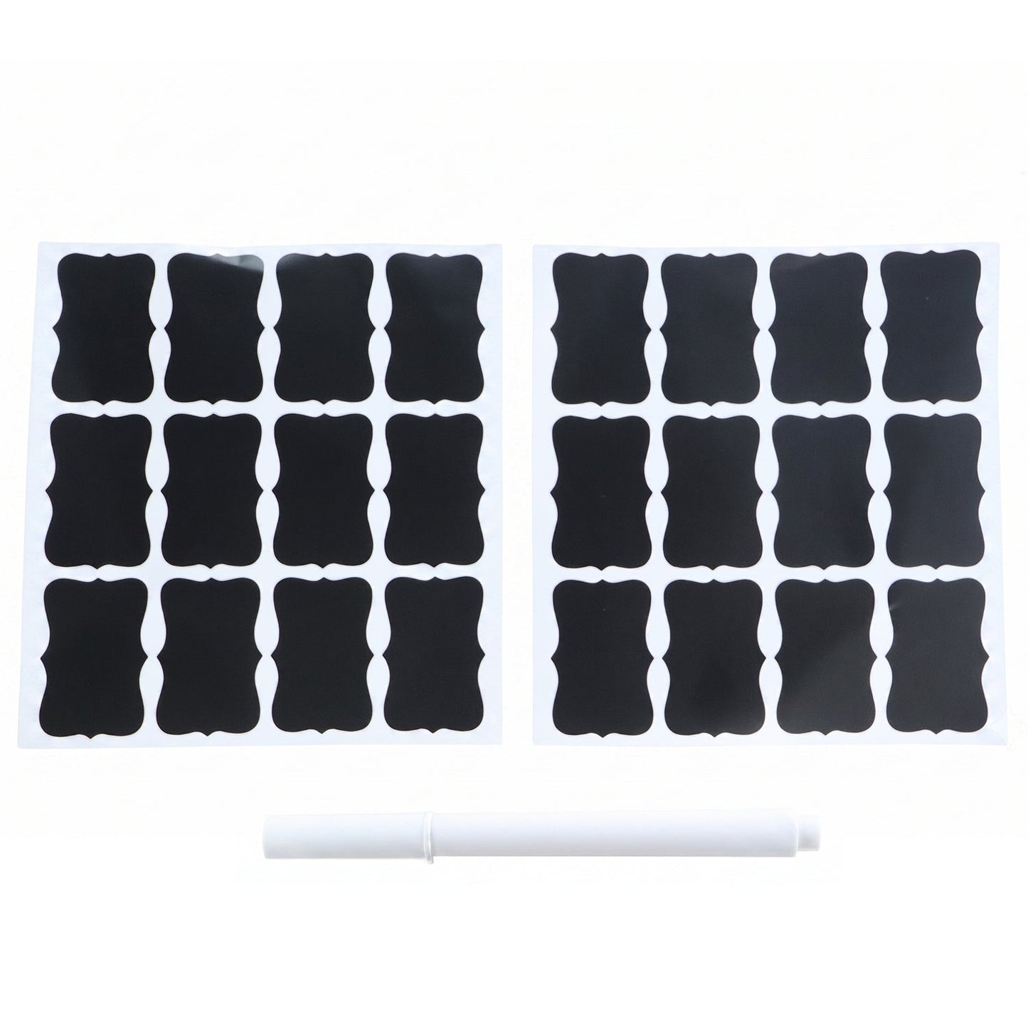 Set of Wukusy chalkboard sticker labels with a marker pen, featuring fancy shapes for jar and storage labeling.