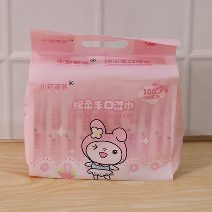 Cartoon printed soft wet wipes pack by Wukusy, 100 pieces in 10 packs of 10, featuring colorful cartoon characters on the packaging.
