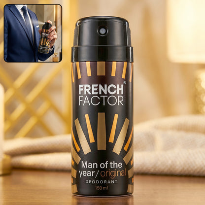 Wukusy French Factor Man Of The Year Original Body Spray bottle, 150ml, with sleek design and men’s grooming branding.
