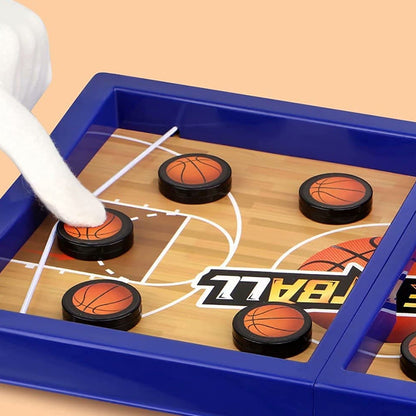 Wukusy fast sling basketball puck desktop game with two players, featuring colorful basketball pucks on a compact table hockey-style board.