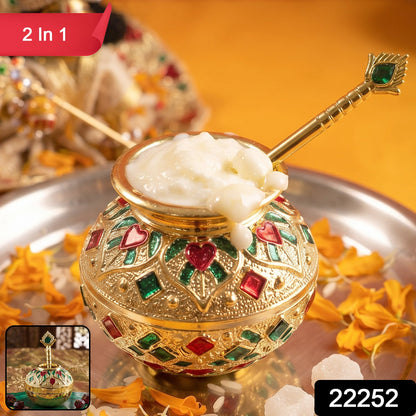Decorative Laddu Gopal Makhan matki with spoon set for Pooja, featuring intricate design in a 2-piece set by Wukusy.