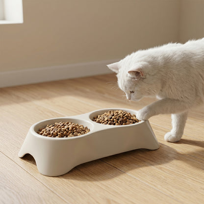 Wukusy dual pet food and water feeding tray with two bowls for dogs and cats, made of durable plastic, suitable for pet feeding.