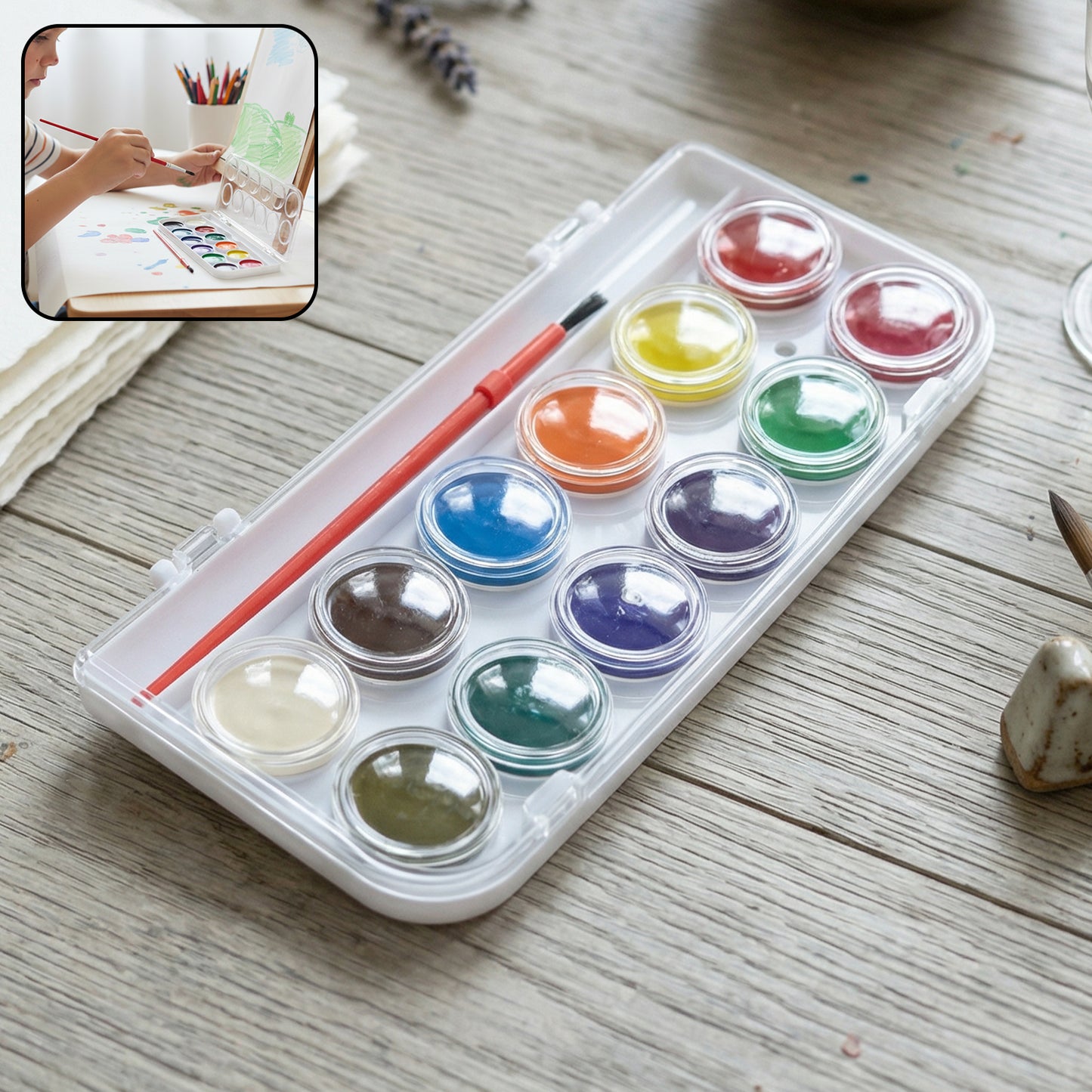 Wukusy 12-shade compact watercolor paint set with vibrant colors and portable case, ideal for artists and painting enthusiasts.