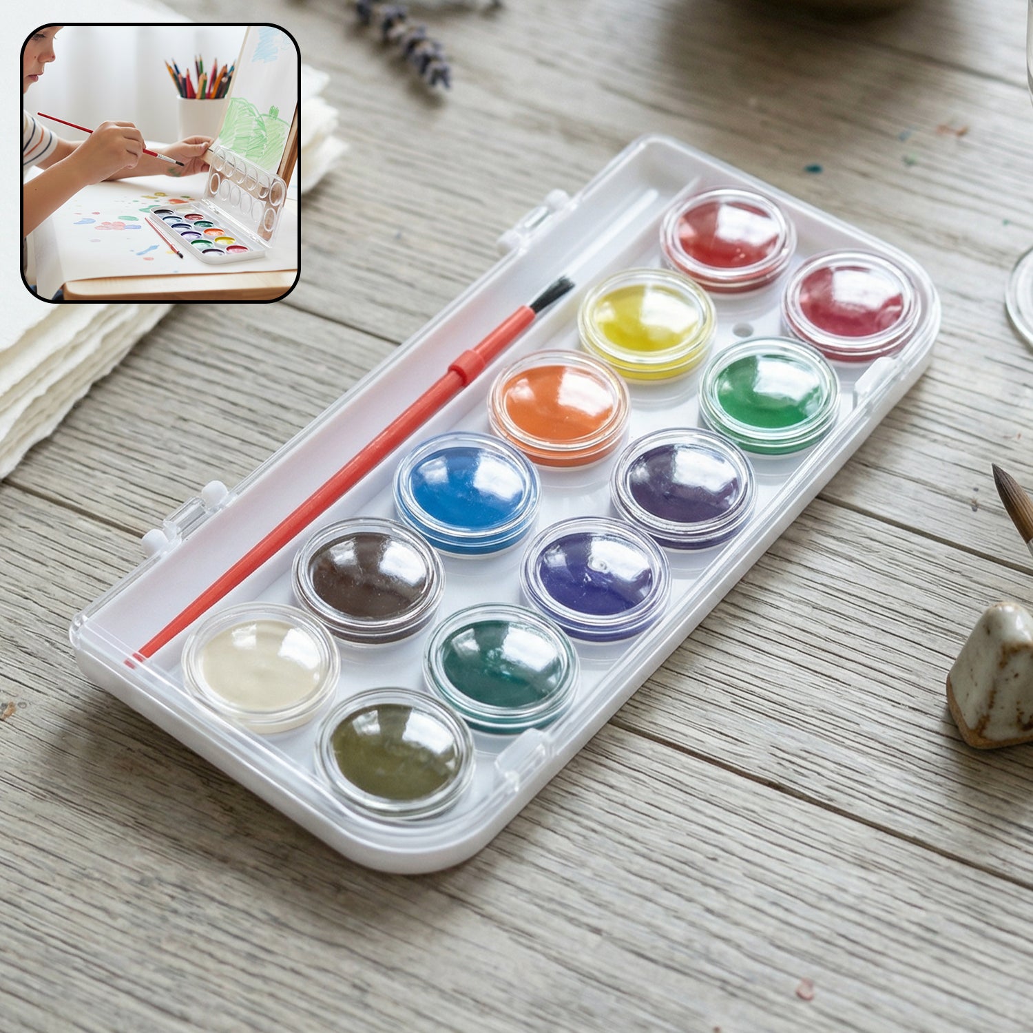 Wukusy 12-shade compact watercolor paint set with vibrant colors and portable case, ideal for artists and painting enthusiasts.