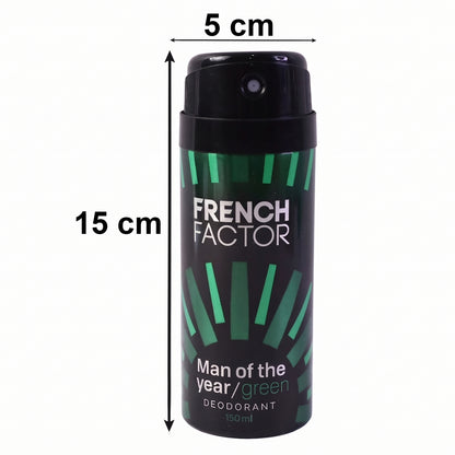 Wukusy French Factor Man Of The Year green body spray bottle, 150ml, with sleek packaging and vibrant green color.
