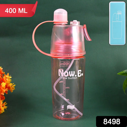 Multicolor Wukusy plastic 2-in-1 mist spray water bottle, 400ml capacity, shown with spray nozzle and ergonomic design.