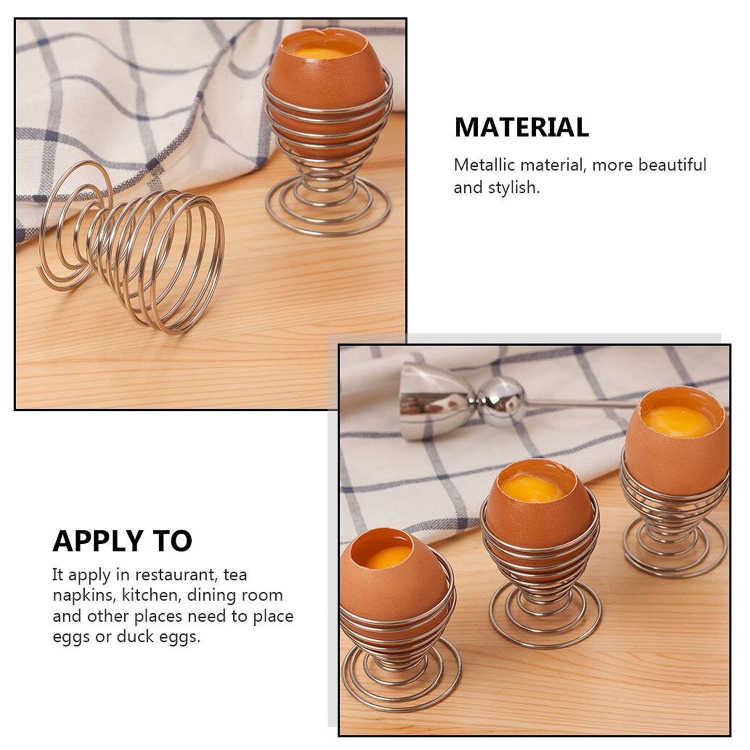 Stainless steel spring egg cup holder from Wukusy, designed for home and kitchen use, holding a single egg securely.