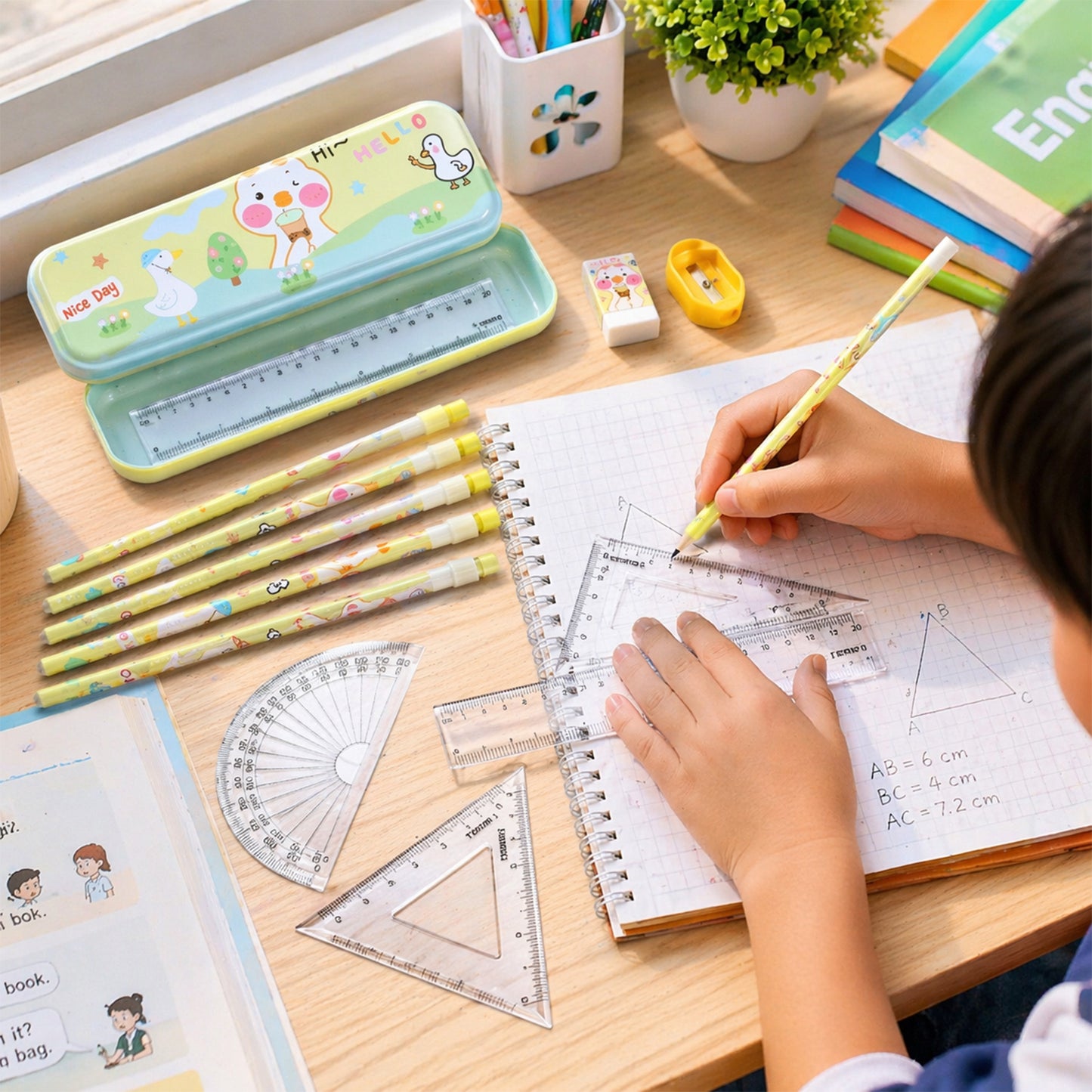 Wukusy cute cartoon geometry box stationery set with colorful pens and pencils on a white background