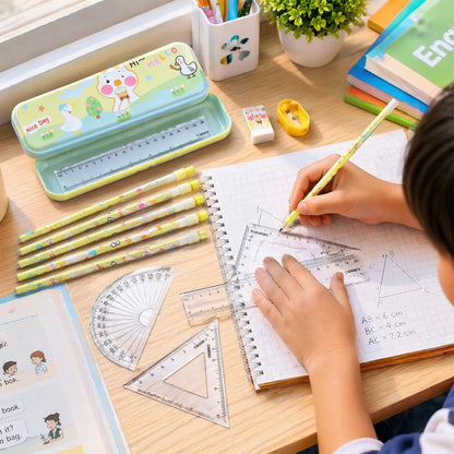 Wukusy cute cartoon geometry box stationery set with colorful pens and pencils on a white background