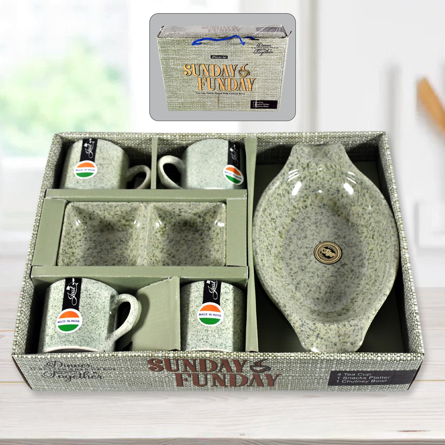 Wukusy Sunday Funday ceramic tea cups with plastic snacks platter, chutney bowl, and milk cup, ideal for breakfast or outdoor use.