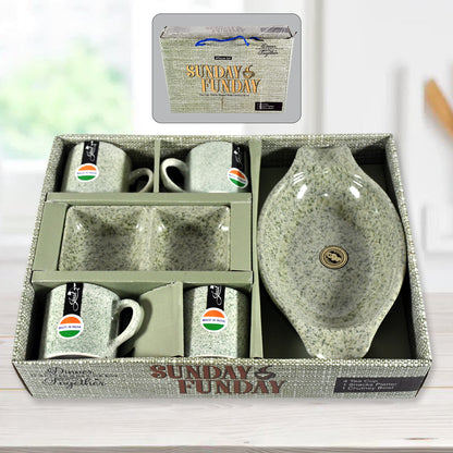 Wukusy Sunday Funday ceramic tea cups with plastic snacks platter, chutney bowl, and milk cup, ideal for breakfast or outdoor use.