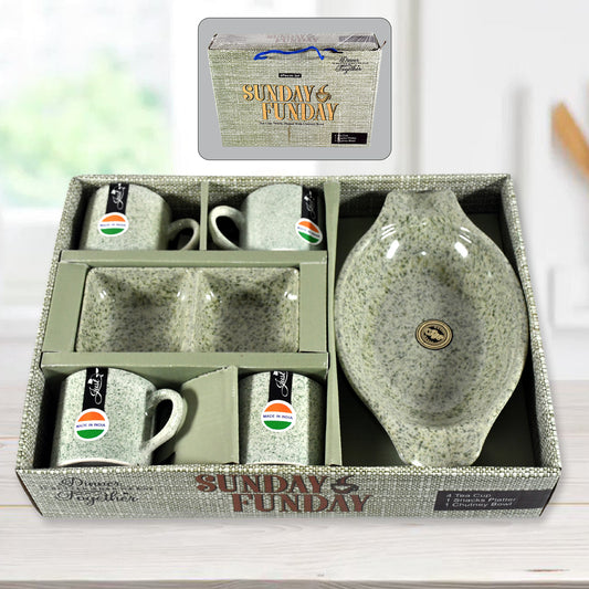 Wukusy Sunday Funday ceramic tea cups with plastic snacks platter, chutney bowl, and milk cup, ideal for breakfast or outdoor use.