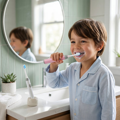 Kids electric toothbrush set by Wukusy with multiple replacement brush heads, featuring colorful handle and soft bristles.