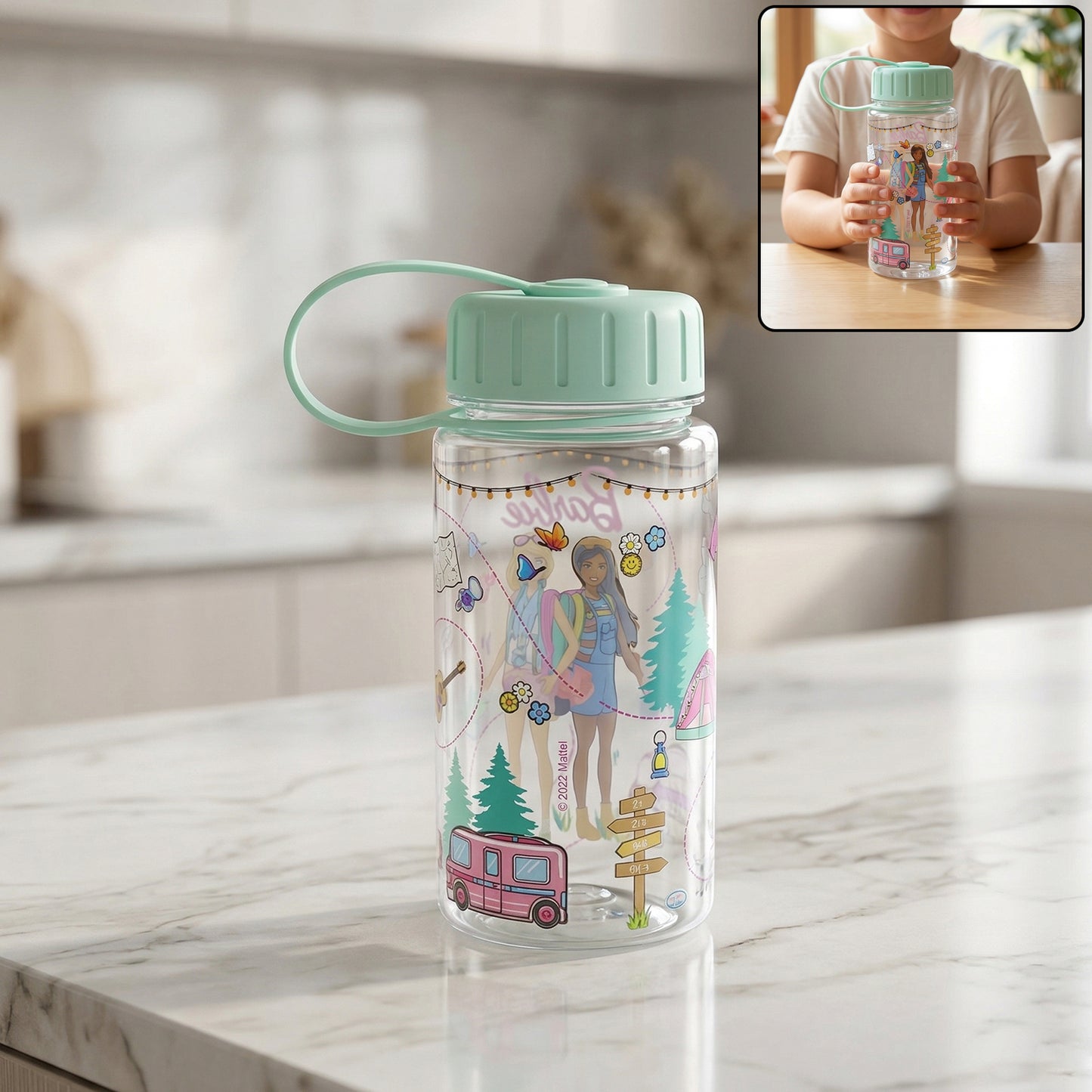 Kids printed water bottle by Wukusy, 400ml capacity, featuring colorful fun designs, with a secure screw-top lid.