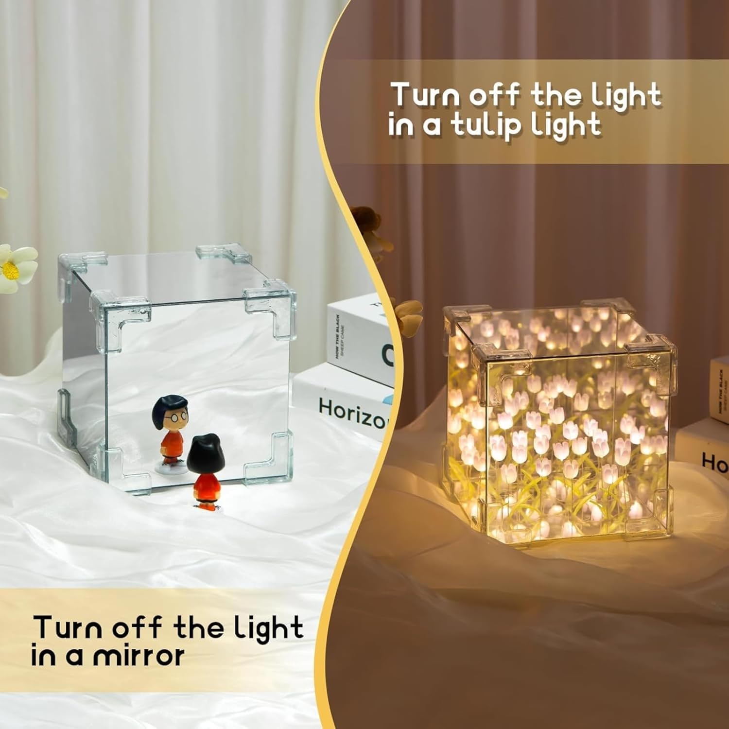 Decorative tulip flower LED cube night lamp set by Wukusy with colorful mixed LED lights, perfect for cozy home decor.