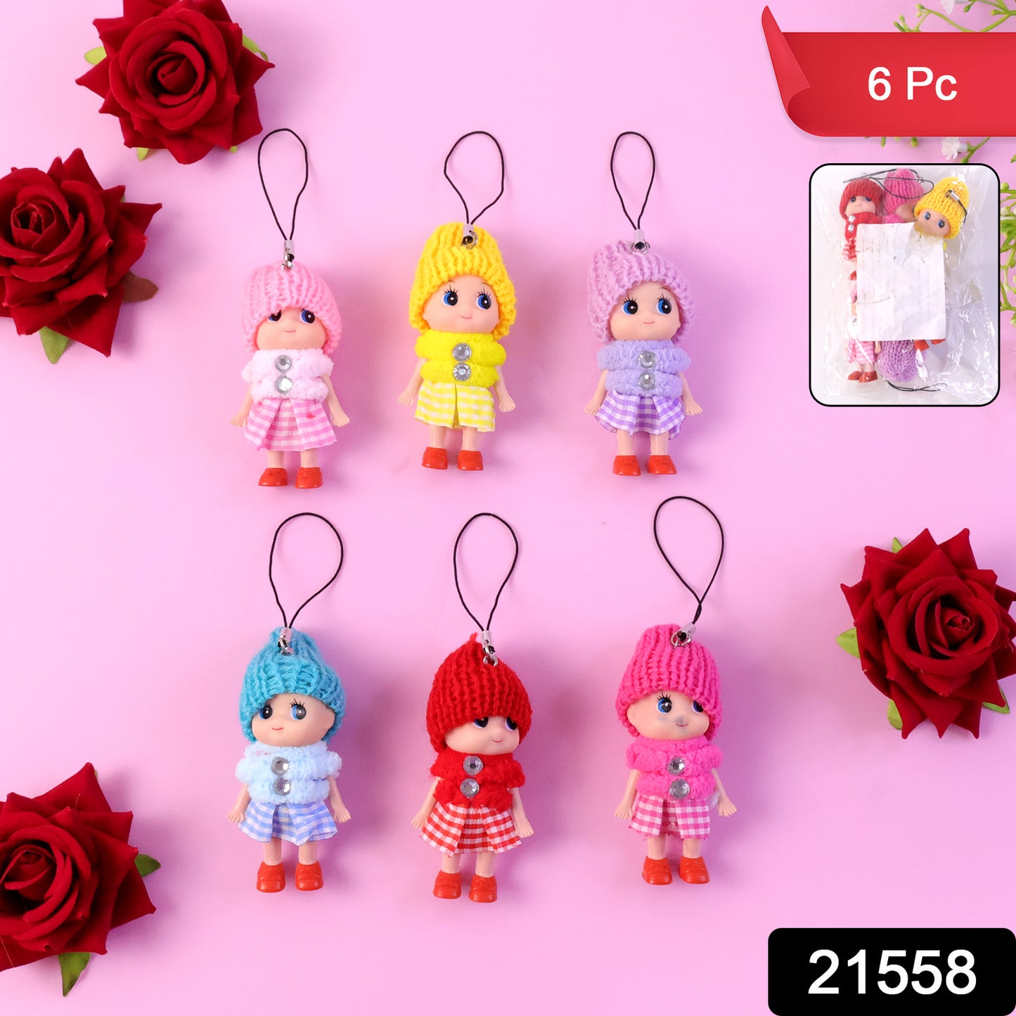Six colorful Wukusy mini doll hanging keychains in a mix of bright colors, perfect for decorating keys or bags.