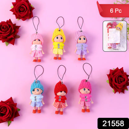Six colorful Wukusy mini doll hanging keychains in a mix of bright colors, perfect for decorating keys or bags.