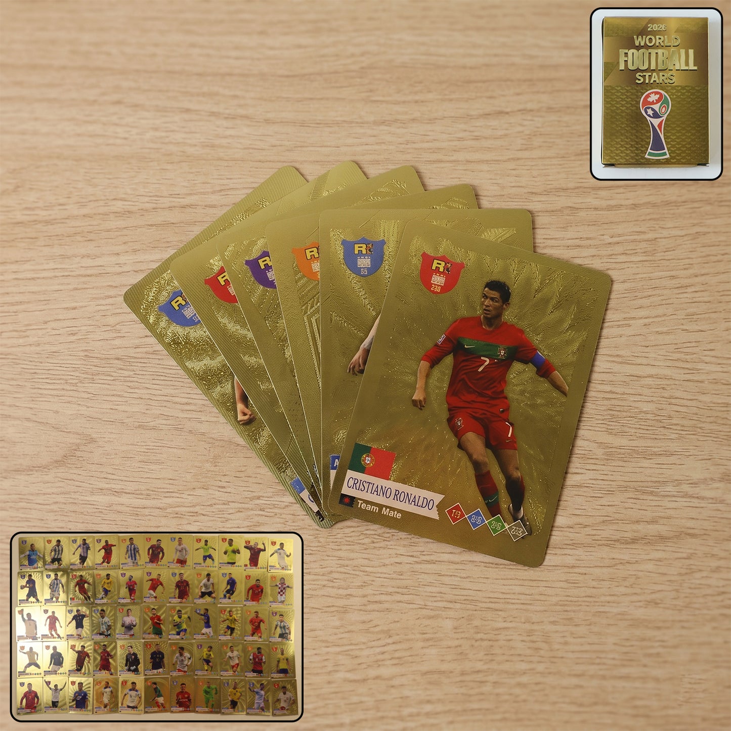Wukusy World Football Stars Card Set featuring trading cards of famous football players on a white background