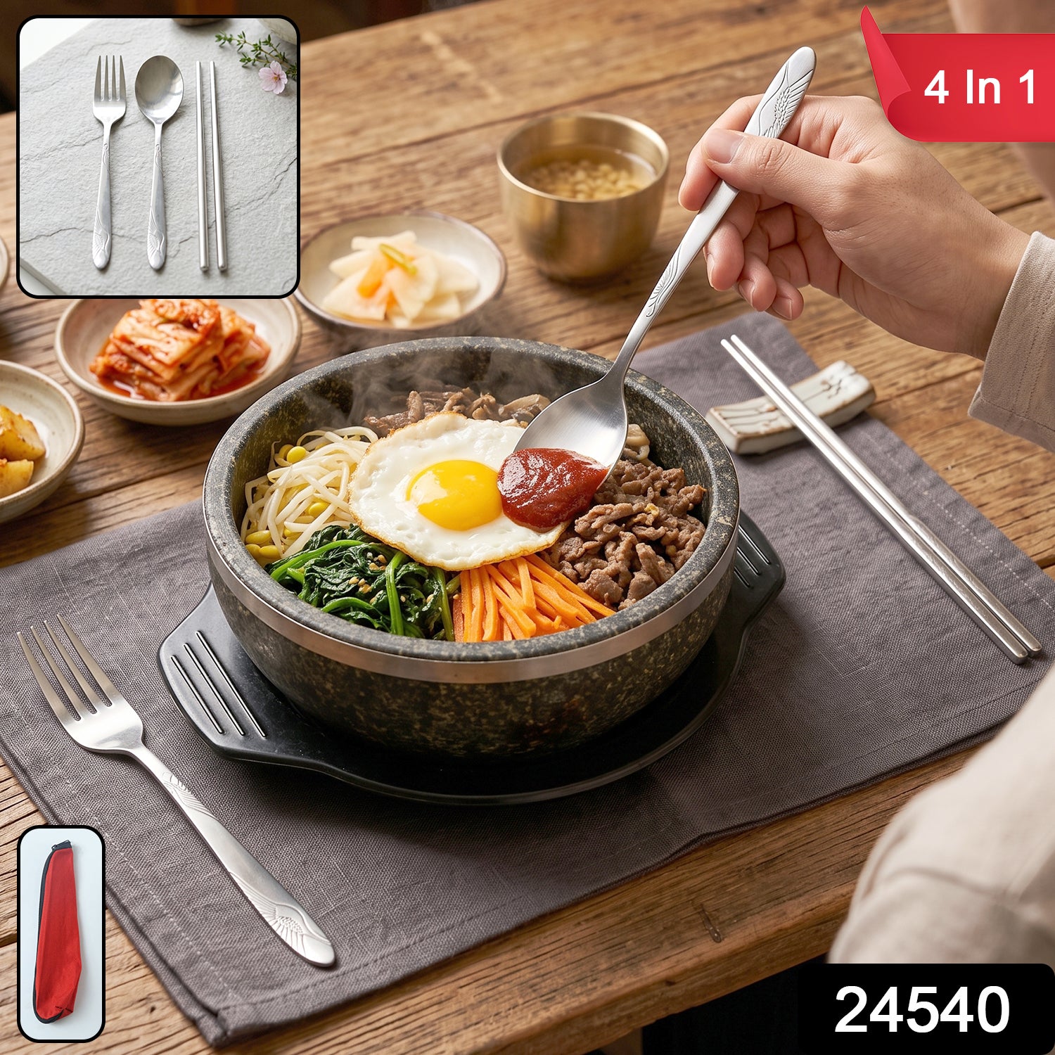 Wukusy portable stainless steel cutlery set with fork, spoon, and chopsticks in a pouch for easy travel and daily use.