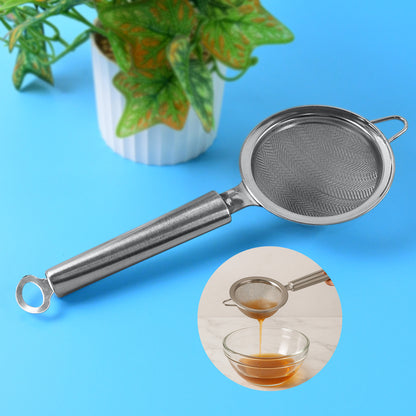 Wukusy Supermom stainless steel mesh strainer for kitchen use, featuring fine mesh for draining and sifting food.