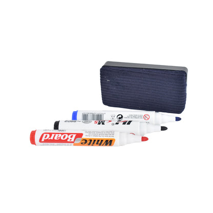 Wukusy whiteboard marker set with blue, black, and red markers and a whiteboard duster on a clean office desk.