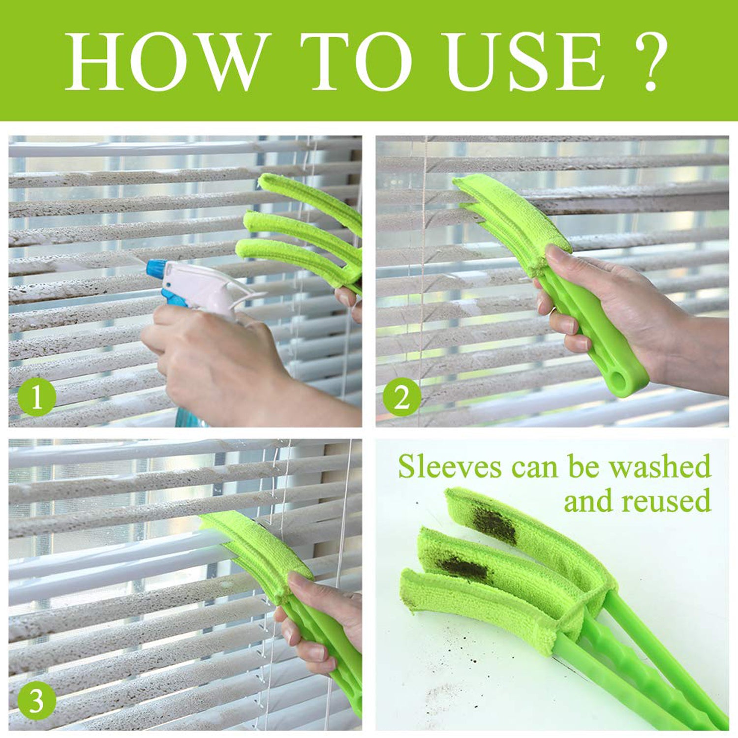 Wukusy 7729 window blind cleaner duster brush with microfiber sleeves for cleaning window shutters, blinds, and air conditioners.