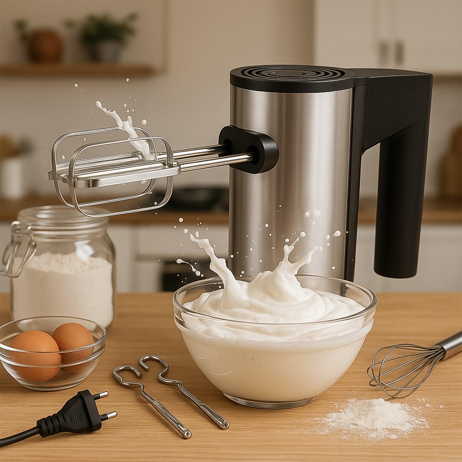 Wukusy Orbit stainless steel electric hand mixer with 450W motor, featuring beaters and control buttons for home baking tasks.