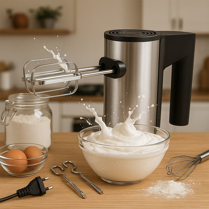 Wukusy Orbit stainless steel electric hand mixer with 450W motor, featuring beaters and control buttons for home baking tasks.