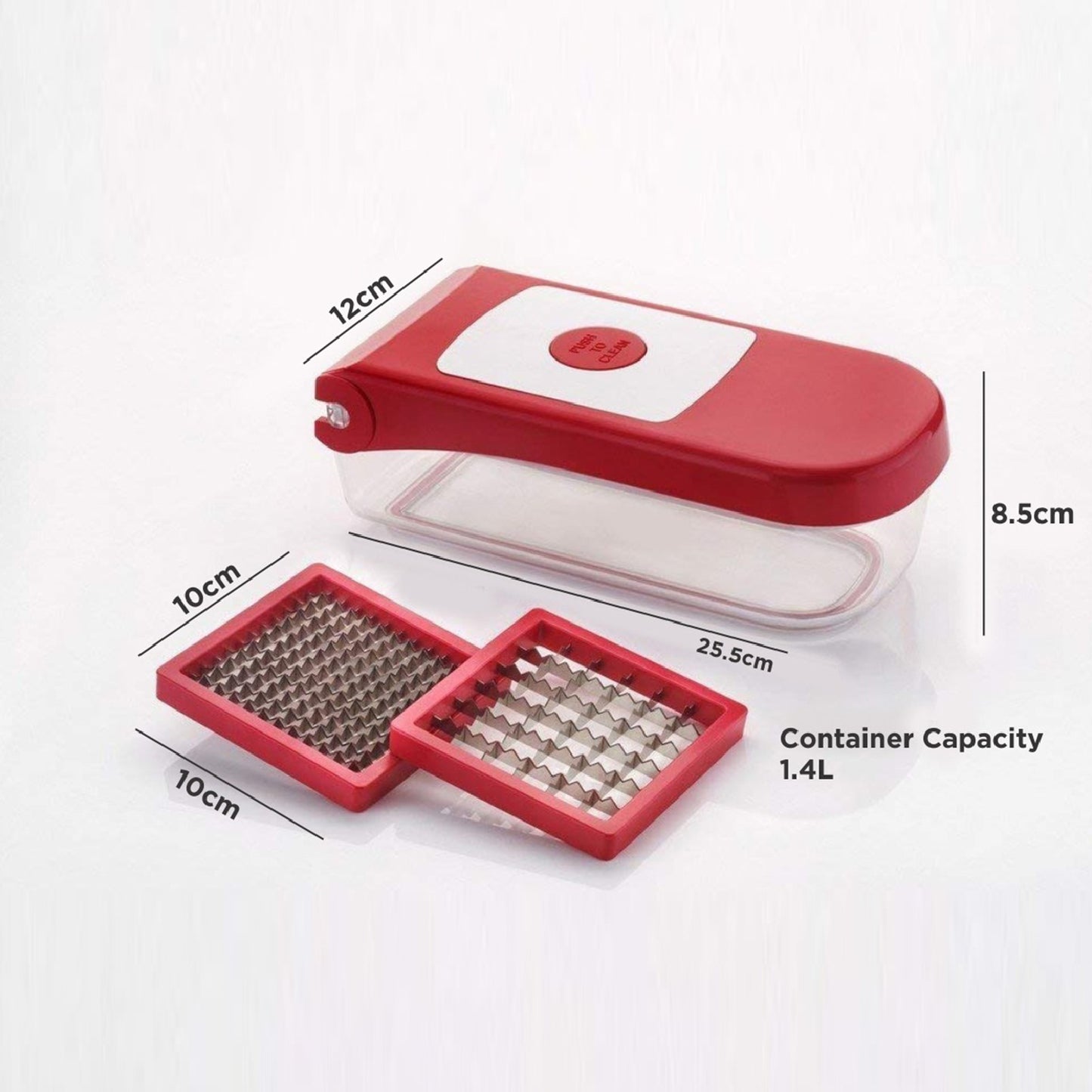 Wukusy 8102 Ganesh plastic chopper for vegetables and fruits, red color with ergonomic handle and stainless steel blade for easy cutting.