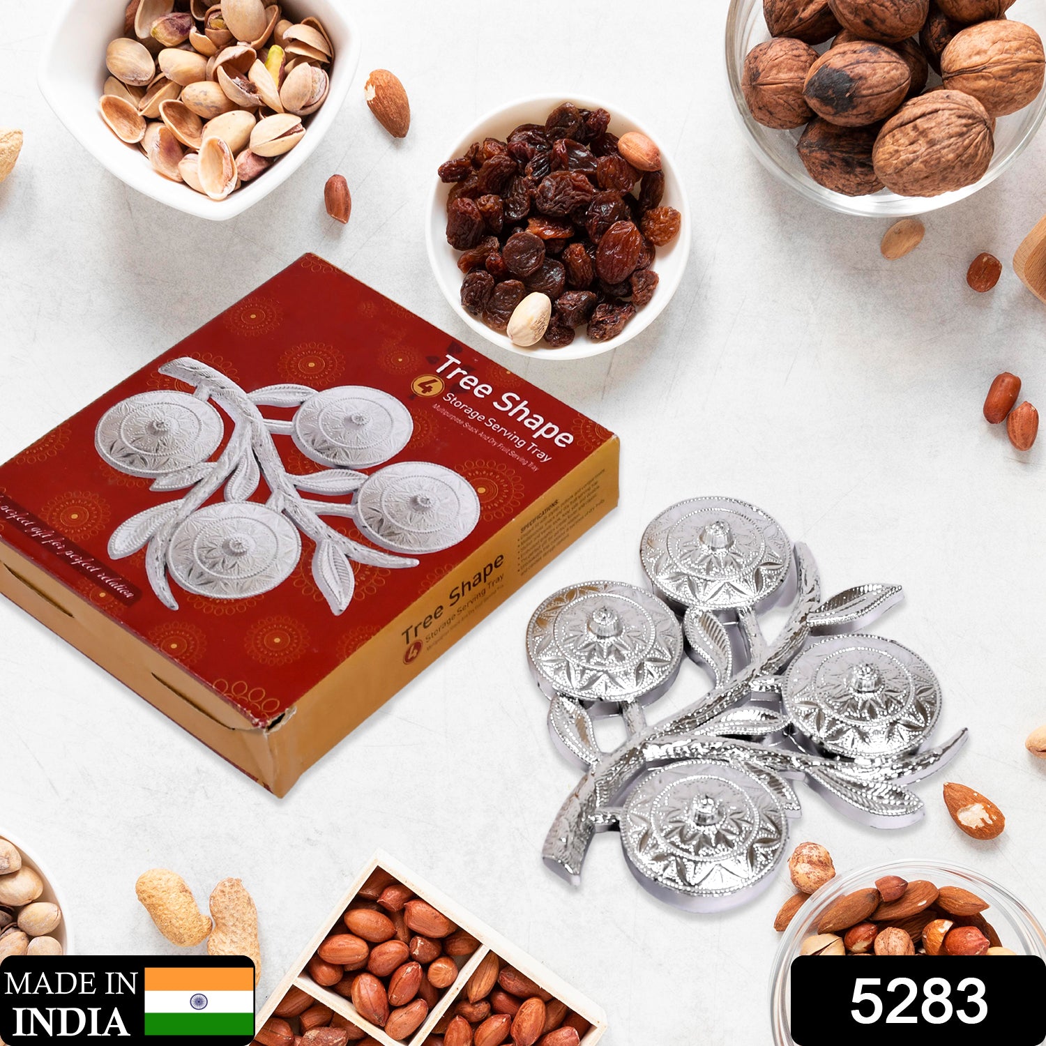 Wukusy 5283 Tree Shape 4-Compartment Mukhwas Dani serving tray for home kitchen use with wooden finish and decorative design.