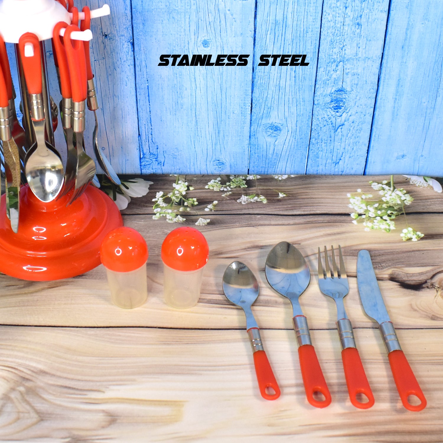 Wukusy 26-piece stainless steel luxury cutlery set with stand for dining table, including forks, knives, spoons, and serving utensils.