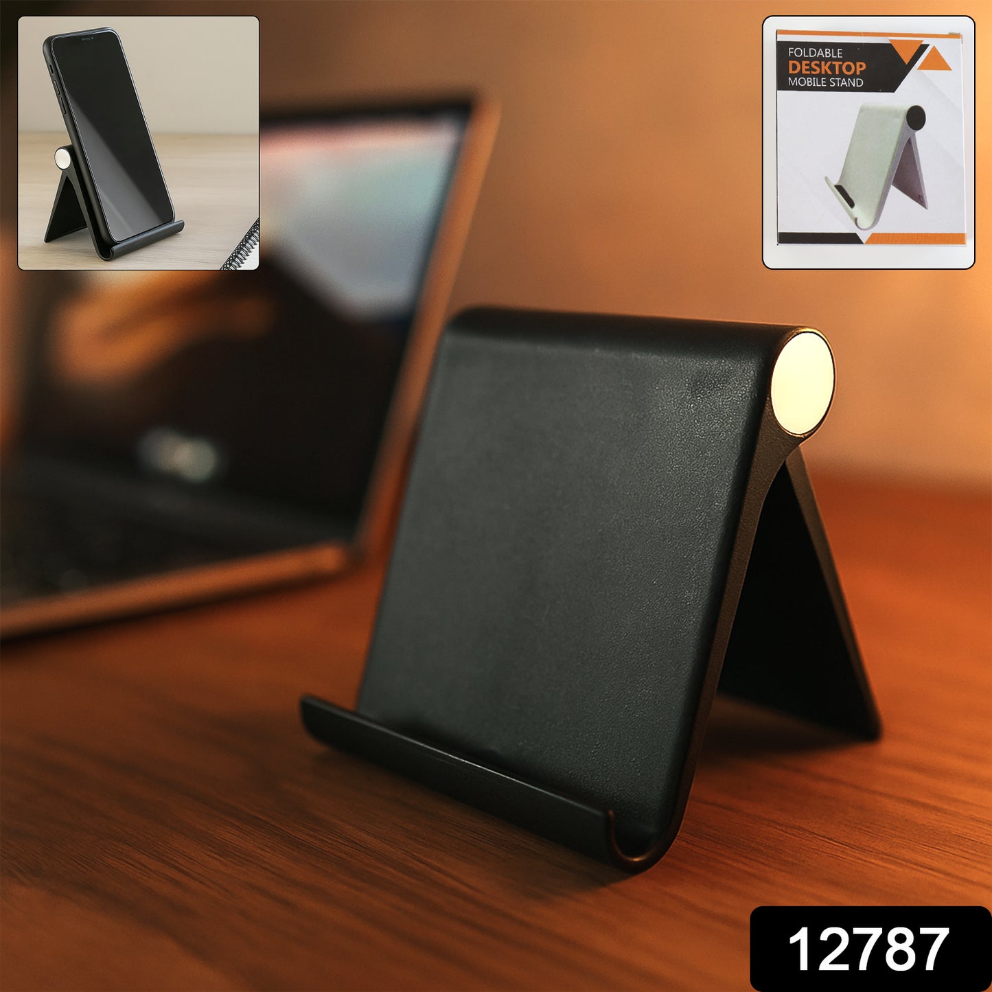 Black plastic foldable desktop mobile stand by Wukusy, adjustable holder for smartphones and tablets.