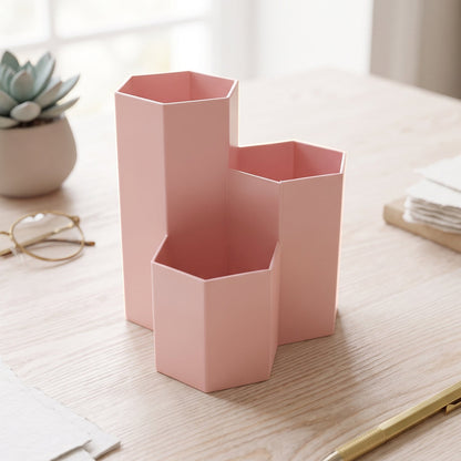 Wukusy plastic multi-compartment desktop organizer box for pens and stationery, with multiple sections for office supplies.