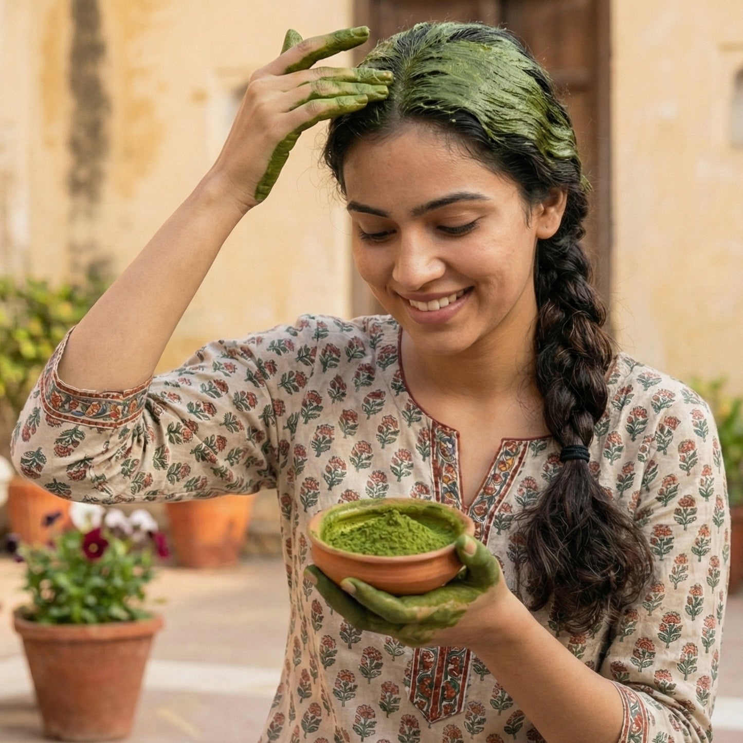 Wukusy natural indigo powder for traditional hair care, 80g, showing vibrant blue indigo leaves in a rustic setting