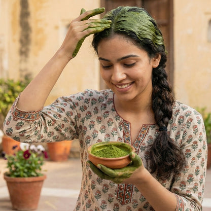 Wukusy natural indigo powder for traditional hair care, 80g, showing vibrant blue indigo leaves in a rustic setting