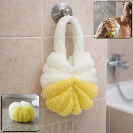Wukusy dual color soft mesh bath loofah body scrubber for gentle exfoliation and cleansing in the shower.