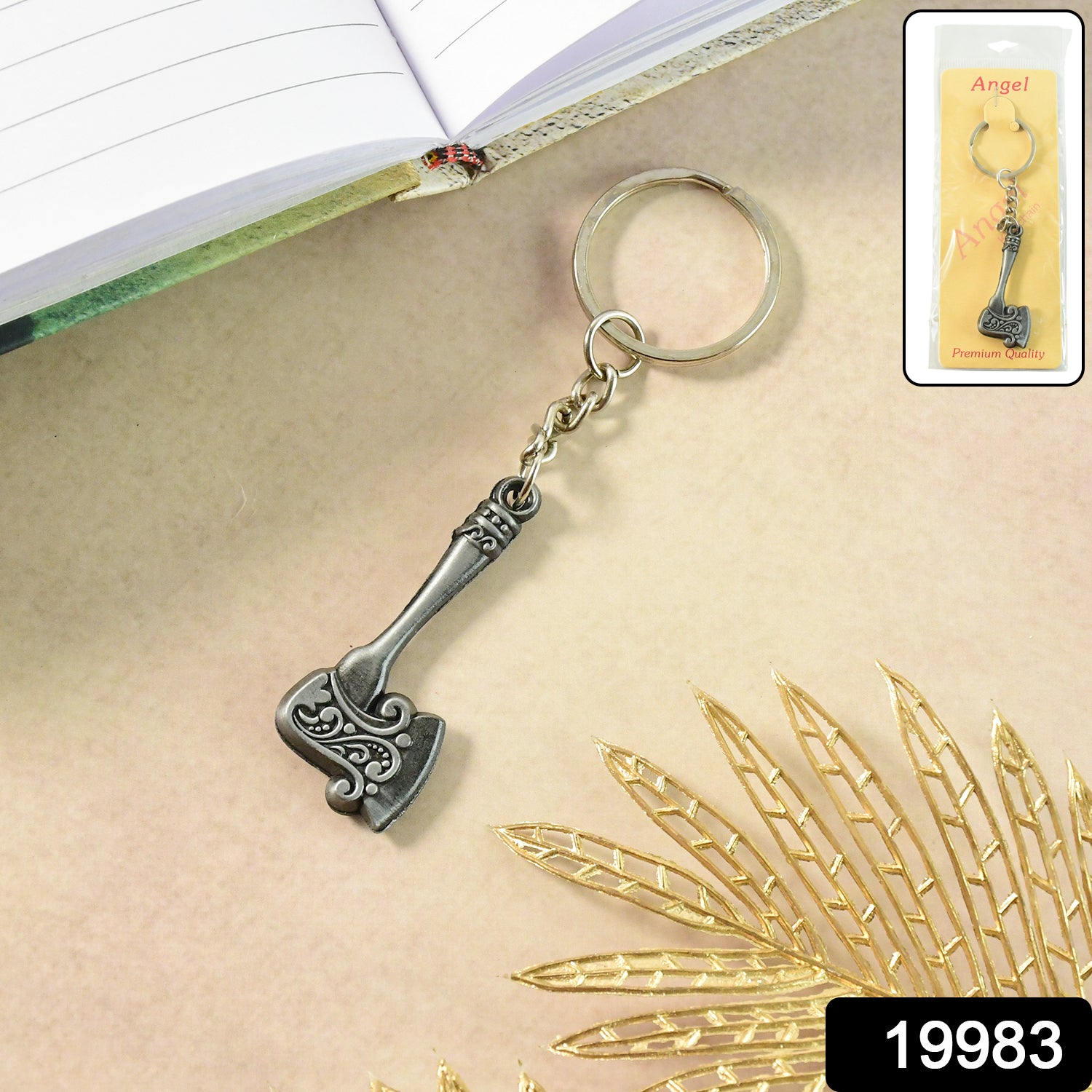 Wukusy stylish axe-shaped metal keychain with intricate design, perfect for keys or decorative accessory.