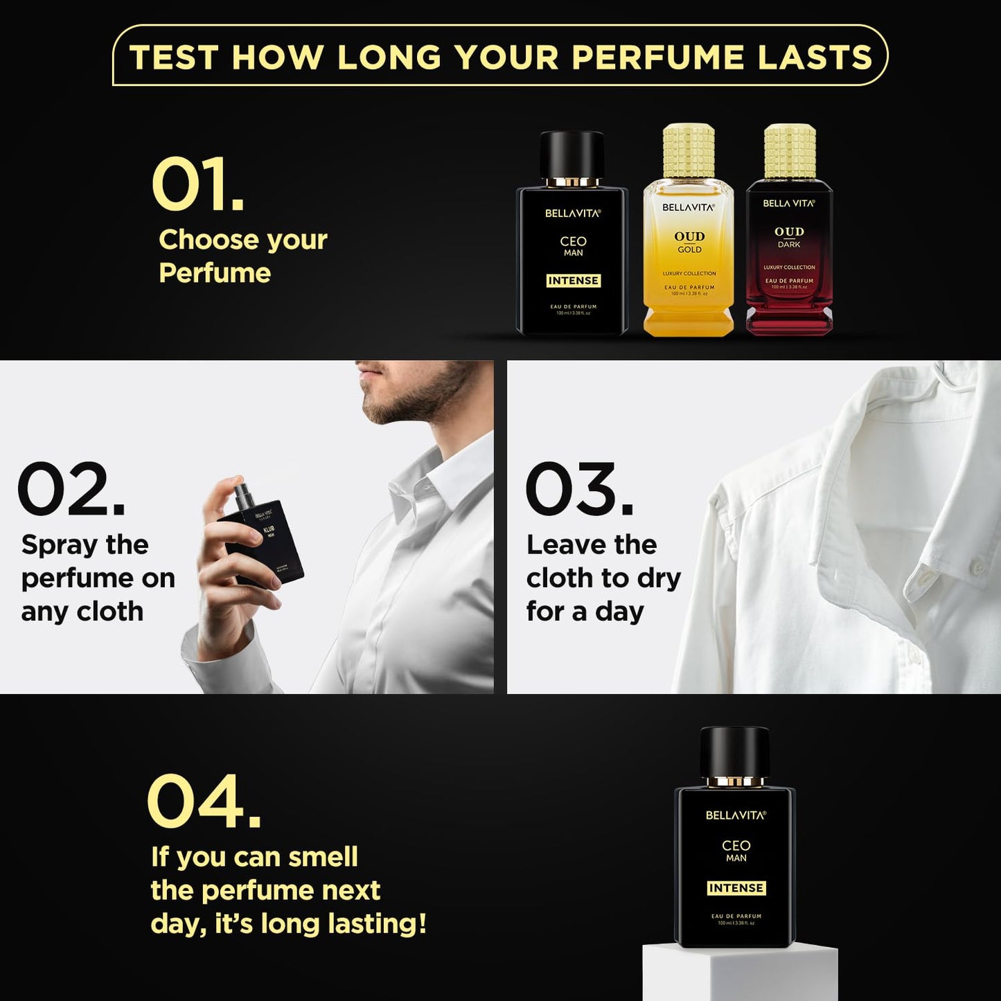 Bellavita Premium CEO Man Intense Eau De Perfume bottle by Wukusy, 100ml, with sleek design and luxurious fragrance.